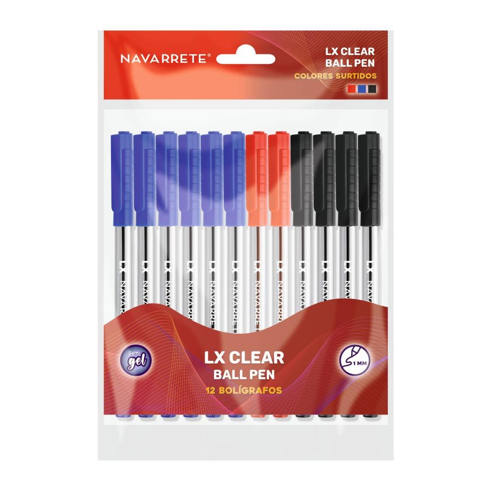 Set de bolígrafos LX Clear Ball x12 unidades colores rojo, azul y negro