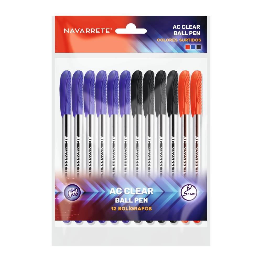 Bolígrafos AC Clear Ball x12 unidades colores rojo, azul y negro